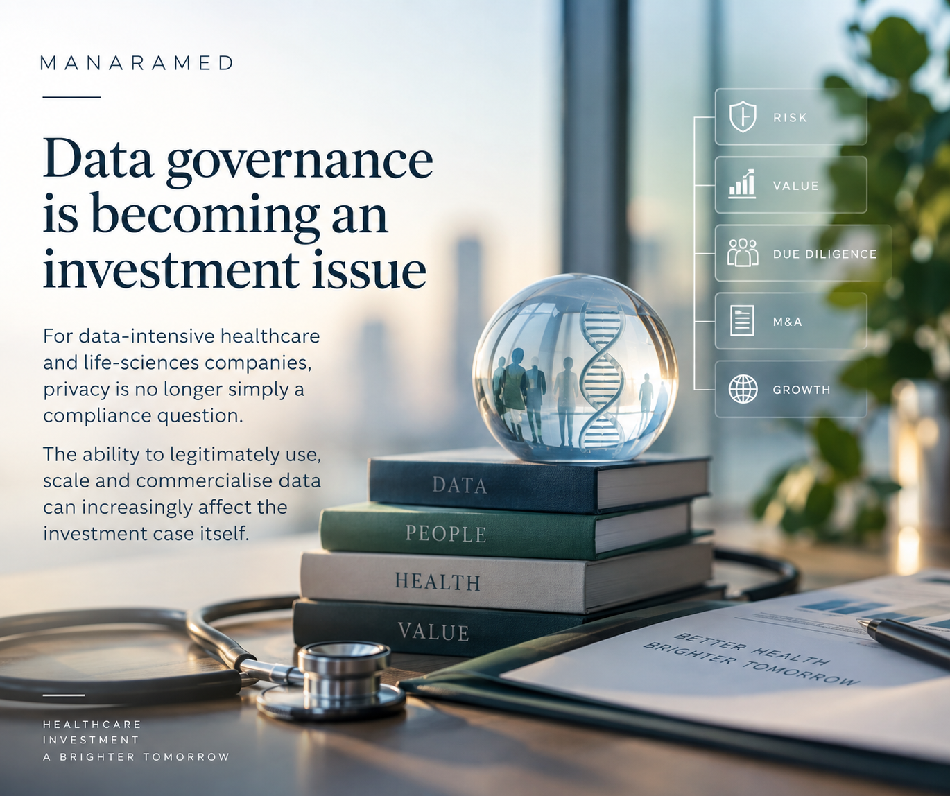 Data governance editorial artwork showing a DNA sphere, healthcare books and investment considerations
