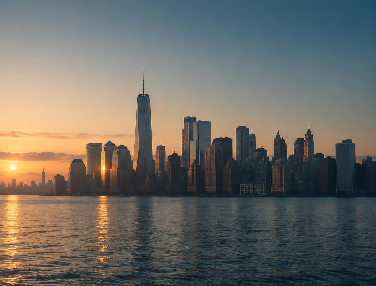 Dawn view of the Lower Manhattan skyline across the water, warm light on glass towers